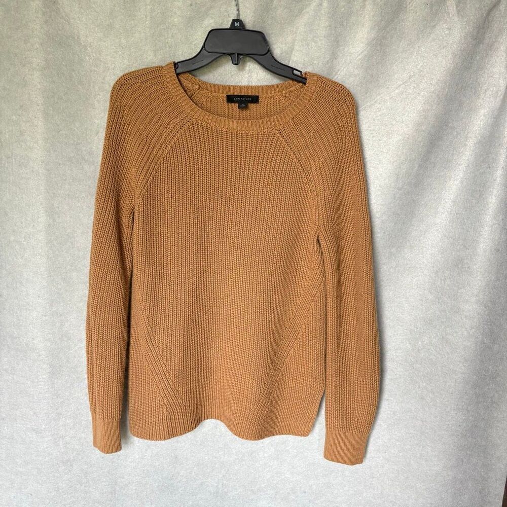 Ann Taylor Cotton Blend Camel Ripped Knit Crewneck Sweater size M